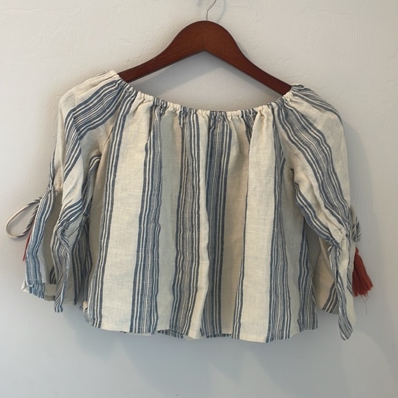 Anthropologie Tularosa Off Shoulder Linen Tassel Blouse Top Womens Small Blue - Picture 5 of 9